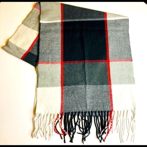 Gray & Red Plaid Winter Scarf – Soft Knit Fringe, Unisex - Picture 2 of 7